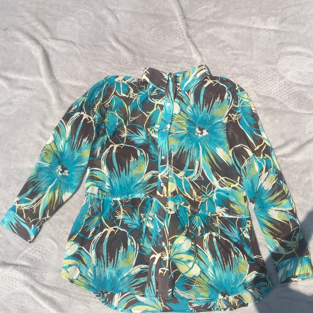 Chico’s Blue/Brown Floral ButtonUp Tie-Waist Sz. 2